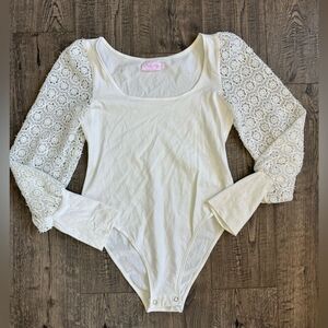 Pink Lily Cream Lace Sleeve Bodysuit